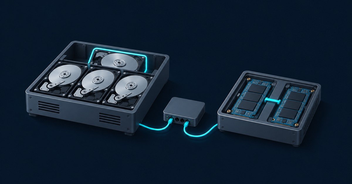 Open enclosure with four hard drives, one glowing as parity, cabled through a small network box to a second enclosure holding two SSD modules on dark blue